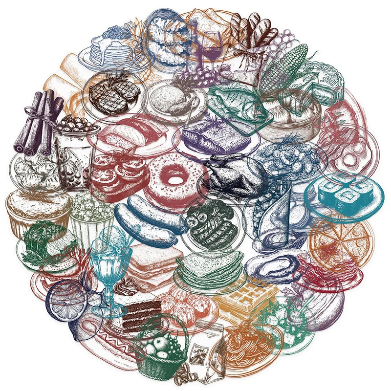 50PCS Retro Food Stickers Set  – Yummy Food Snacks Bewertung und Preis